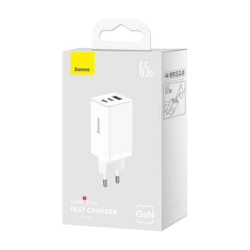 INCARCATOR RETEA Baseus GaN5 PRO, Quick Charge 65W, 2 x USB Type-C Output 5V/3A, 1 x USB, include cablu USB Type-C la USB Type-C 100W,1m, alb "CCGP120202" - 6932172617516