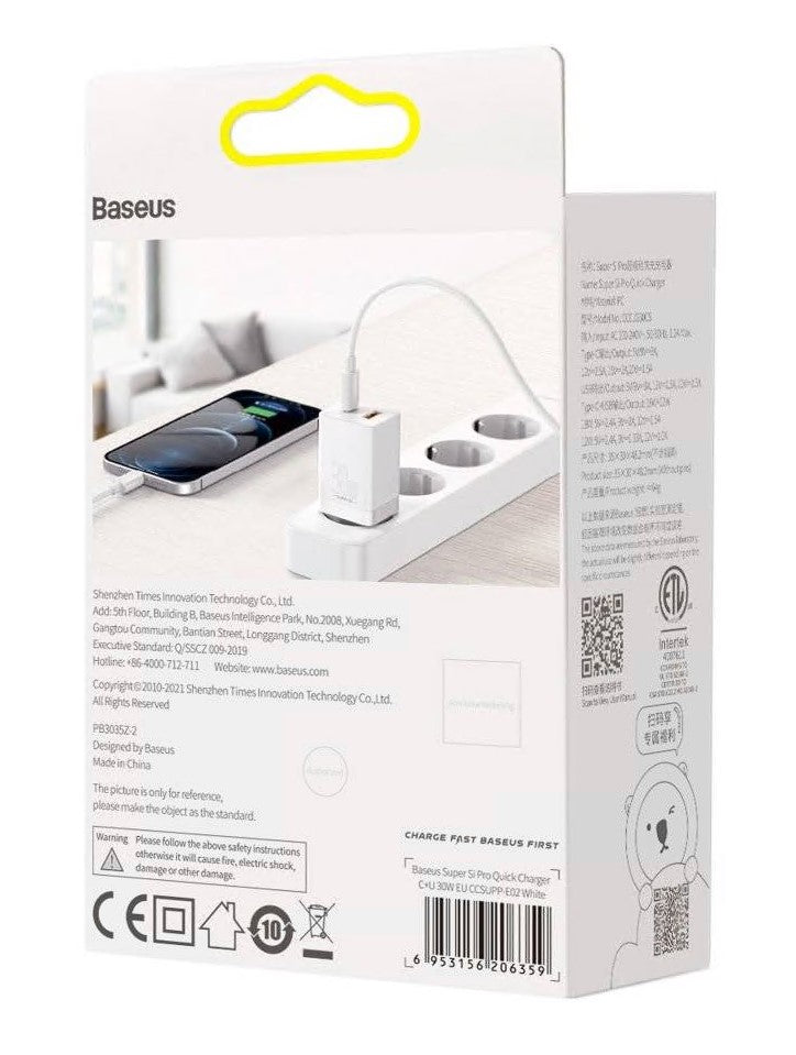 INCARCATOR retea Baseus Super Si Pro, Quick Charge 30W, 1 x USB 5V/3A, 1 x USB Type-C 5V/3A, alb "CCSUPP-E02" - 6953156206359