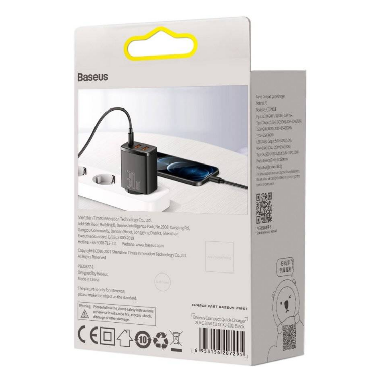 INCARCATOR retea Baseus Compact, Quick Charge 30W, 2 x USB Type-C Output 5V/3A, 1 x USB Output 5V/3A, negru "CCXJ-E01" - 6953156207295