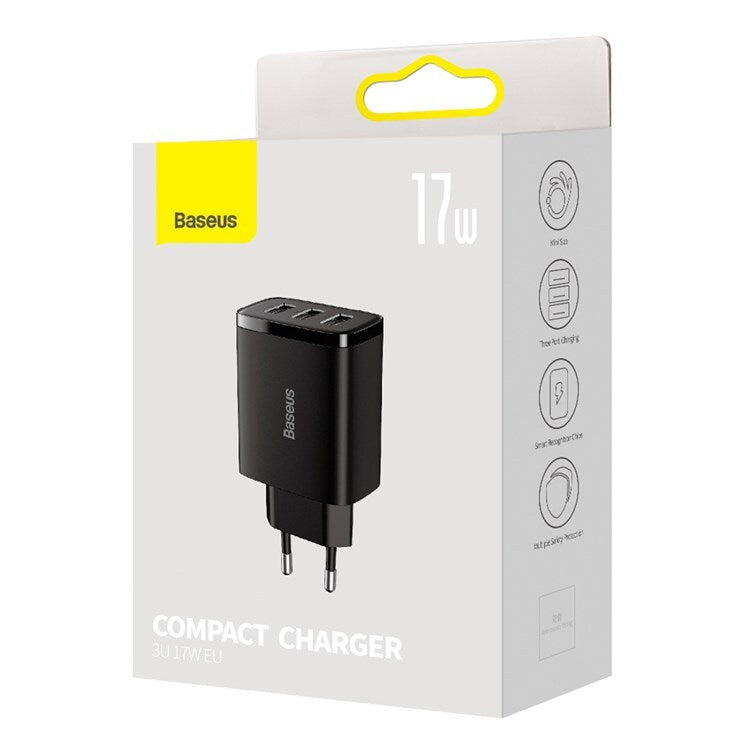 INCARCATOR retea Baseus Compact, Fast Charge 17W, 3 x USB 5V/2.1A, negru "CCXJ020101" - 6932172606961