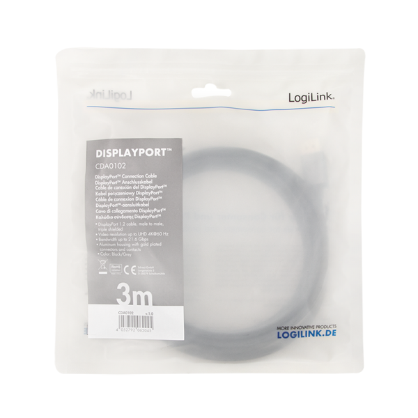 CABLU video LOGILINK, DisplayPort (T) la DisplayPort (T) 1.2, 3m, conectori auriti, rezolutie maxima 4K (3840 x 2160) la 60 Hz, aluminiu, triplu ecranaj, negru-gri, "CDA0102"