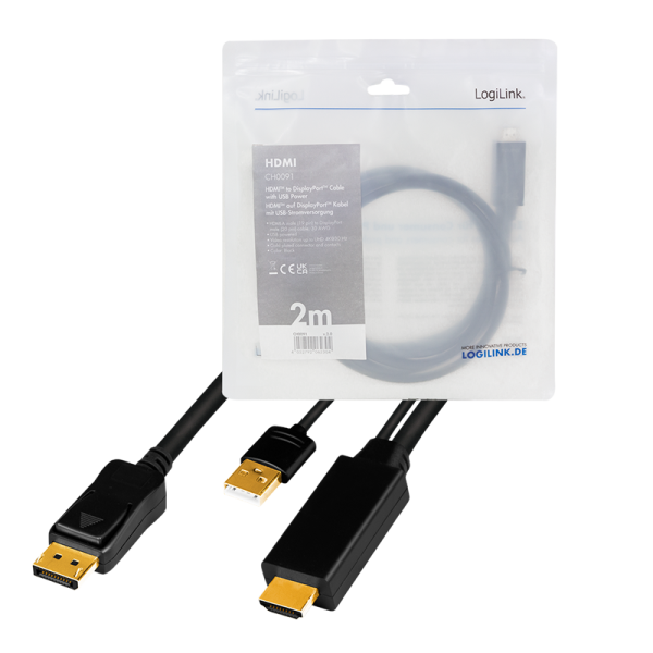 CABLU video LOGILINK, HDMI (T) 1.4 + USB (T) la DisplayPort (T) 1.2, 2m, conectori auriti, rezolutie maxima 4K (3840 x 2160) la 30 Hz, plastic, triplu ecranaj, USB powered, negru, "CH0091"