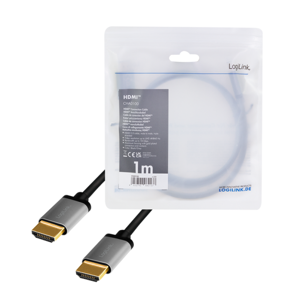 CABLU video LOGILINK, HDMI (T) la HDMI (T) 2.0, 1m, conectori auriti, rezolutie maxima 4K (3840 x 2160) la 60 Hz, aluminiu, triplu ecranaj, negru-gri, "CHA0100"