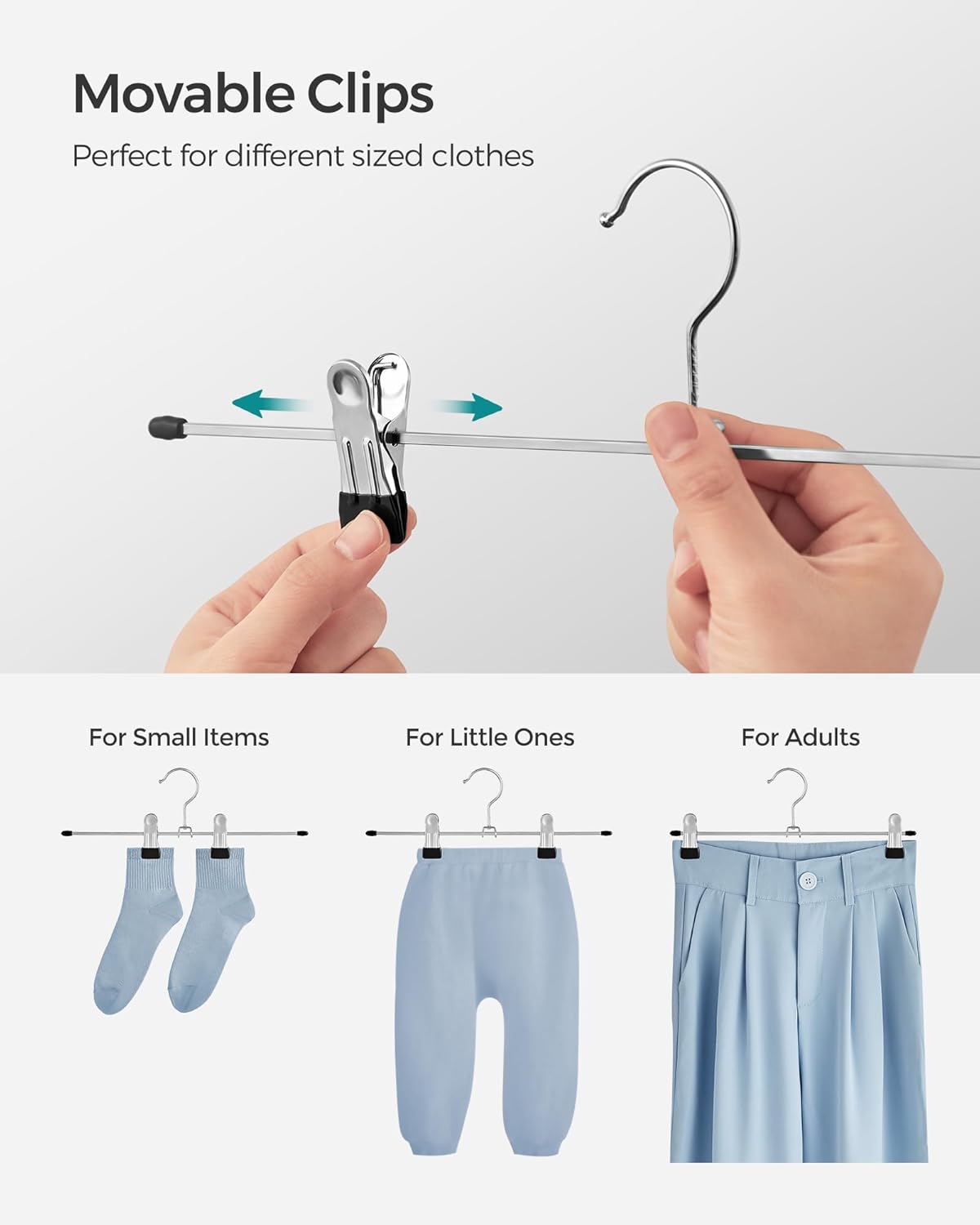 SONGMICS Set de 20 de umerase pantaloni din metal, cu cleme reglabile, carlige rotative 360°, 31 cm, argintiu