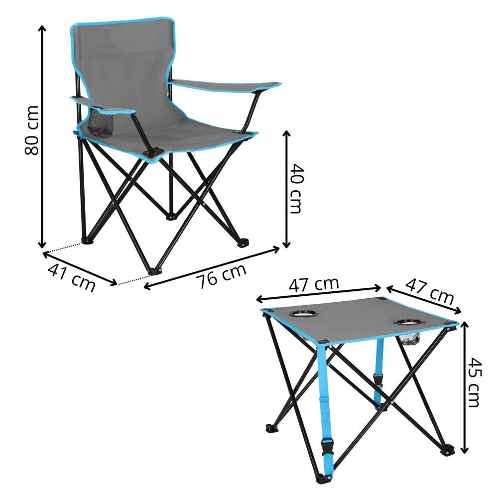Set masa pliabila cu 2 scaune, structura metalica, husa transport, 47x47x45 cm, gri