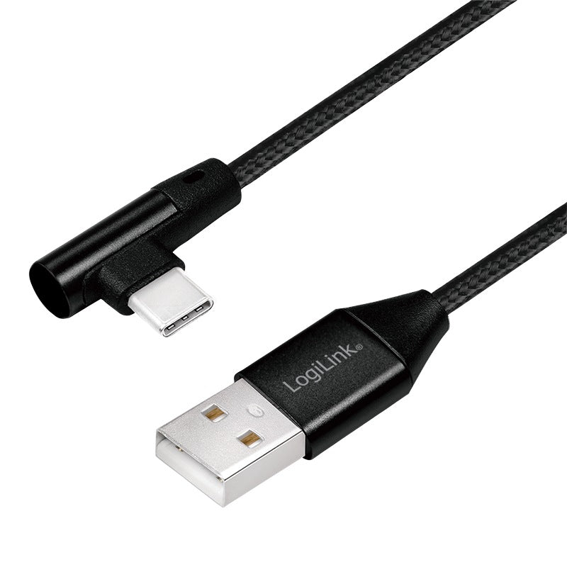 CABLU alimentare si date LOGILINK, pt. smartphone, USB 2.0 (T) la USB 2.0 Type-C (T) la 90 grade, 0.3m, premium, cablu cu impletire din bumbac, negru, "CU0137"