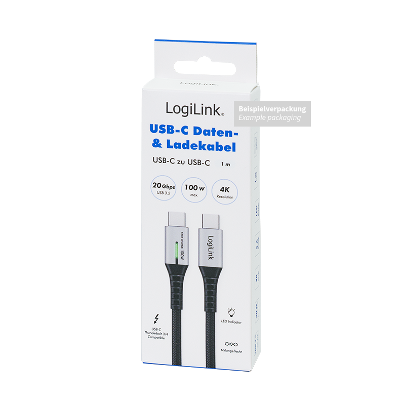 CABLU alimentare si date LOGILINK, pt. smartphone, USB 3.2, USB Gen Type-C (T) la USB Type-C (T), 1m, PD 100W, 4K, LED, 3 x ecranat, 20Gbps, metal, , negru&gri, "CU0432"