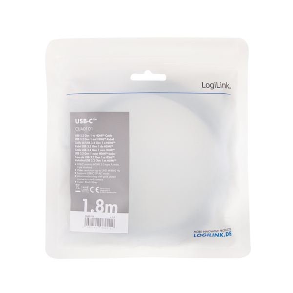 CABLU video LOGILINK, adaptor USB 3.1 Type-C (T) la HDMI (T), 1.8m, rezolutie maxima 4K UHD (3840 x 2160) la 60 Hz, conectori auriti, aluminiu, dublu ecranaj, negru-gri, "CUA0101"
