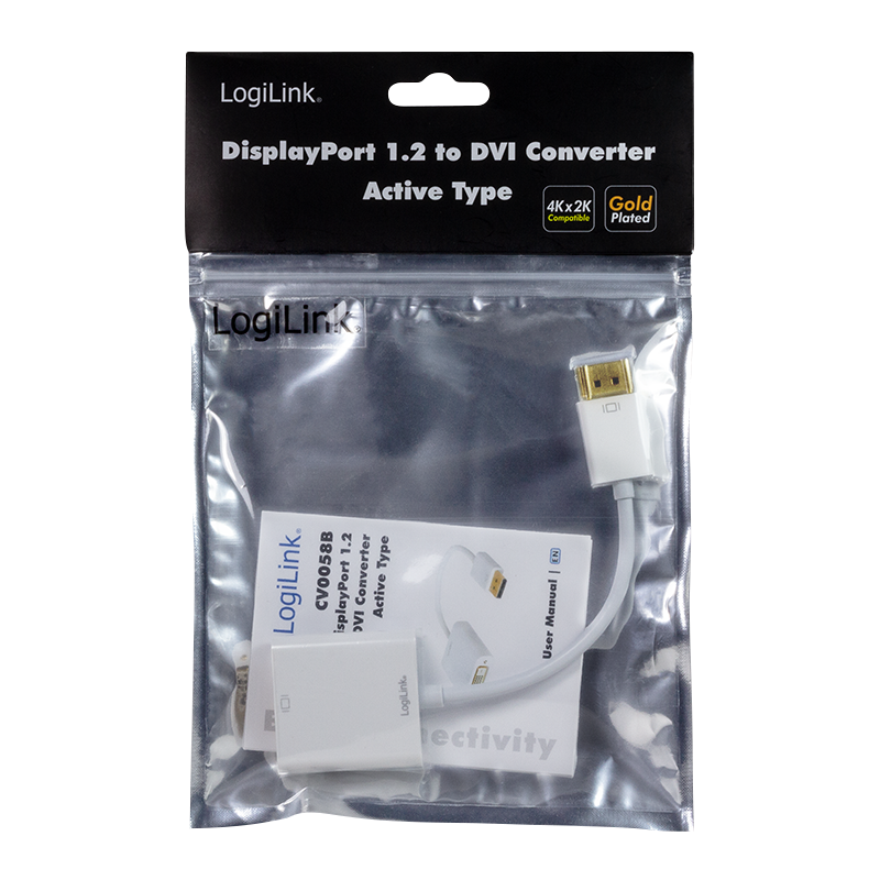 CABLU video LOGILINK, adaptor DisplayPort (T) 1.1 la DVI-D DL (M), 0.15m, conectori auriti, rezolutie maxima Full HD (2560 x 1600) la 60 Hz, plastic, dublu ecranaj, alb, "CV0058B"