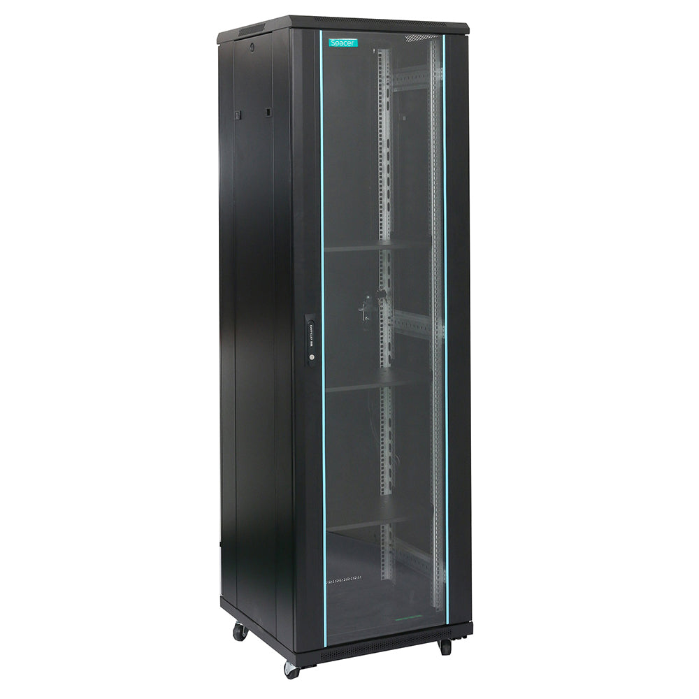 CABINET 19" SPACER 22U 600x800mm, de podea, Flatpack (dezasamblat), Black, usa sticla cu blocare, panouri laterale detasabile, otel 2mm, sarcina maxima 1000Kg, "SPCN-22U-800-BK-03"