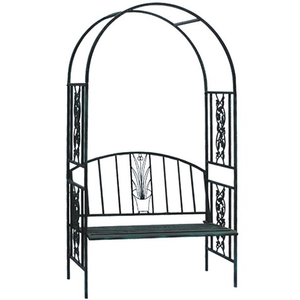Pergola pentru gradina cu banca, structura metalica solida, 122x58x203 cm, negru