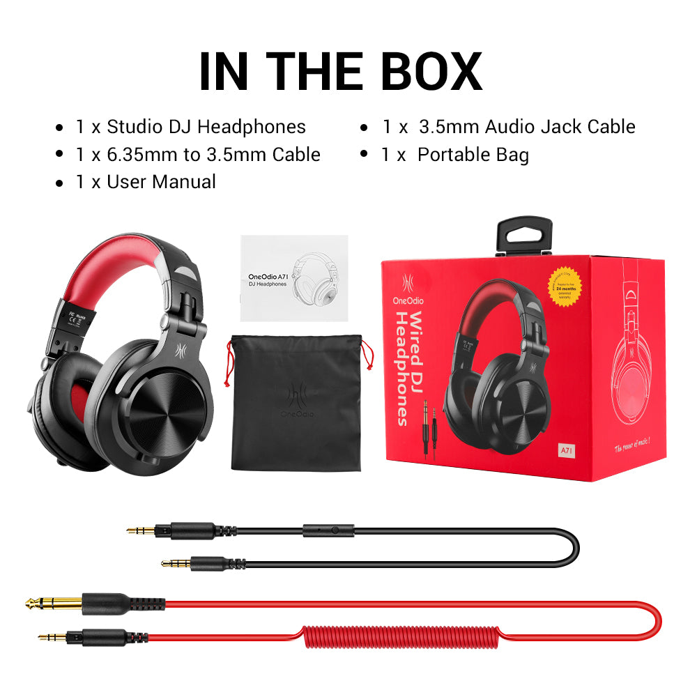 Casca OneOdio cu fir detasabil, tip over ear, utilizare profesionala, DJ, conectare prin Jack 3.5 mm | Jack 6.35 mm, difuzor 40 mm, impedanta 32 Ohm, negru | rosu, "A71-Red"