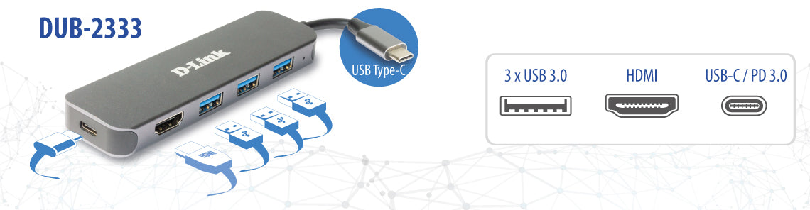 HUB extern D-LINK,porturi 3xSuperSpeed USB 3.0,1xUSB-C with data sync & PD-60W,1xHDMI 4k,Dual-Slot SD/microSD/SDHC/SDXC Card Reader,conec USB Type C,cab10 cm,met, arg "DUB-2333"