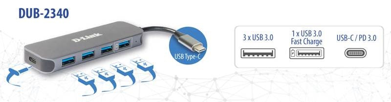 HUB extern D-LINK, porturi 3 x SuperSpeed USB 3.0, 1 x QC, 1 x USB-C (Thunderbolt 3) port with data sync 60W, conec USB-C, cablu 10 cm, metalic, argintiu "DUB-2340"