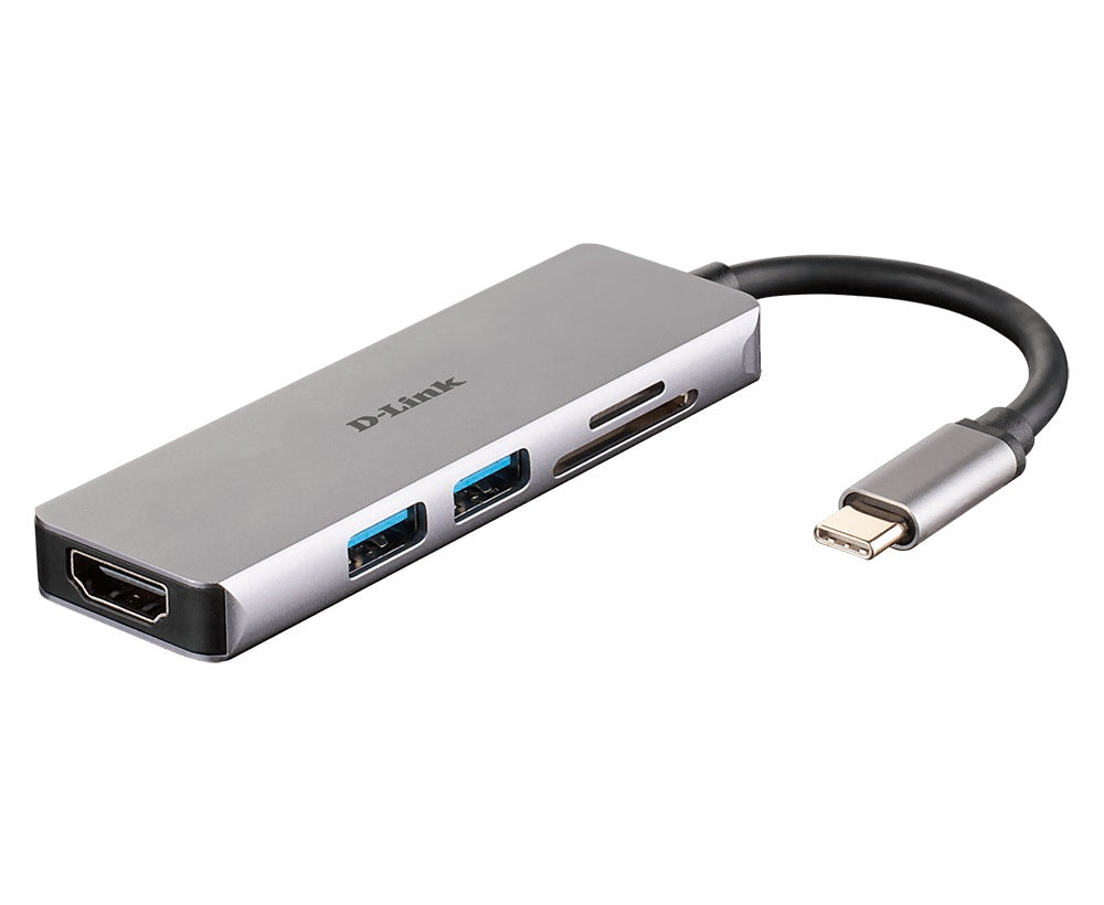 HUB extern D-LINK, porturi SD/microSD Dual Card Reader x 1, USB 3.0 x 2, HDMI x 1, conectare prin USB Type C, cablu 11.5 cm, argintiu "DUB-M530"