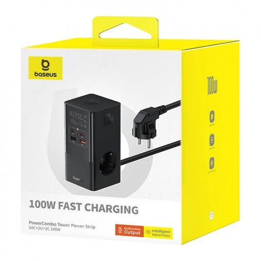 INCARCATOR RETEA Baseus GaN Powerstrip, Quick Charge 100W, 2 x AC, 2 x USB Type-C Output 5V/3A, 2 x USB, lungime cablu 1.5m, negru "E00023609113-00" - 6932172635855