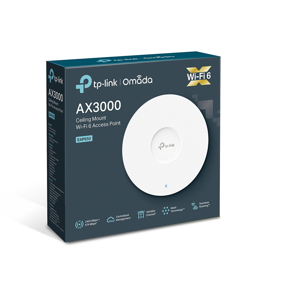ACCESS POINT TP-LINK wireless AX3000 Mbps dual band, 1 port Gigabit, 4 antene interne, IEEE802.3at PoE, WiFi 6, montare pe tavan/perete "EAP650"