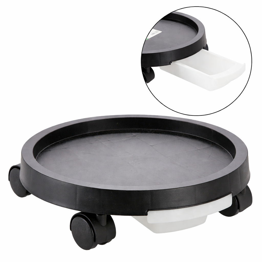 Suport ghiveci cu roti si tava colectare apa, suport mobil pentru plante, din plastic, 40 cm, negru