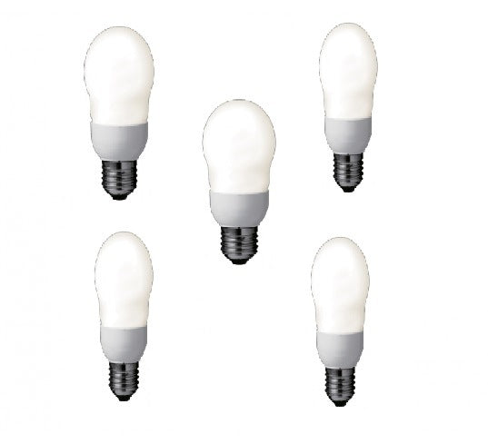 SET 5 becuri fluorescent Panasonic, soclu E27, putere 8W, forma oval, lumina alb calda, alimentare 220 - 240 V, "EFA8E27HD-5"