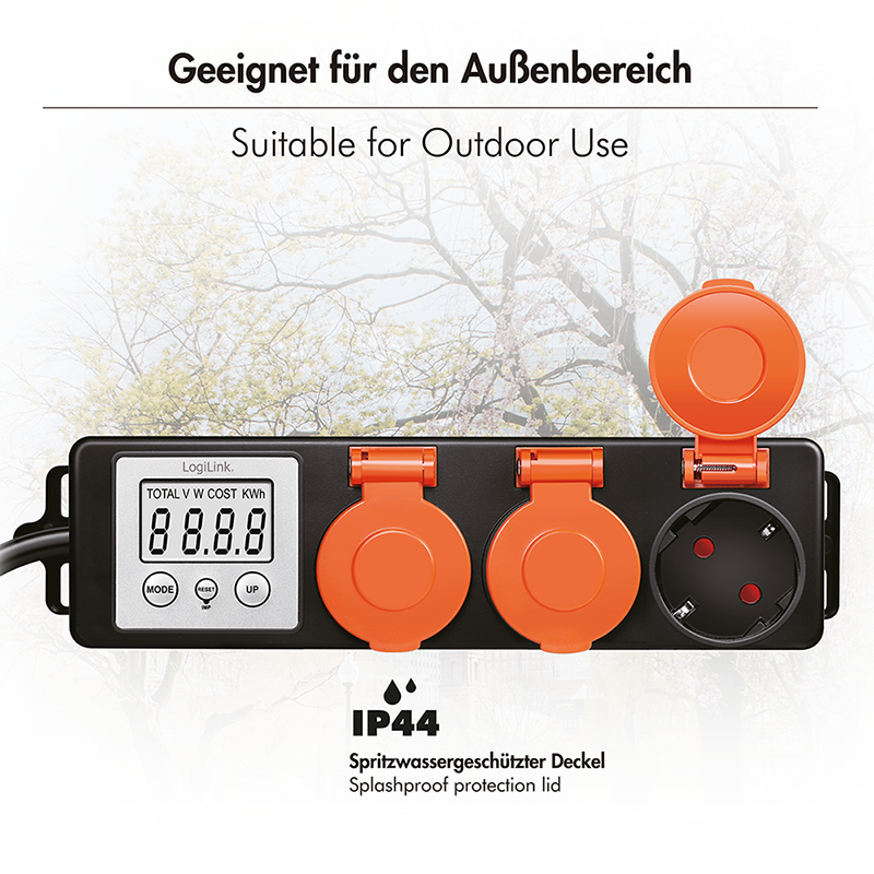 PRELUNGITOR LOGILINK, Schuko x 3, cablu 3G 1.5mm2, 230 V/16 A, 50 Hz, max. 3500 W, contor cost energetic, LCD, 3 butoane operare, IP44, de exterior, 1.4m, negru-portocaliu, "EM0008"