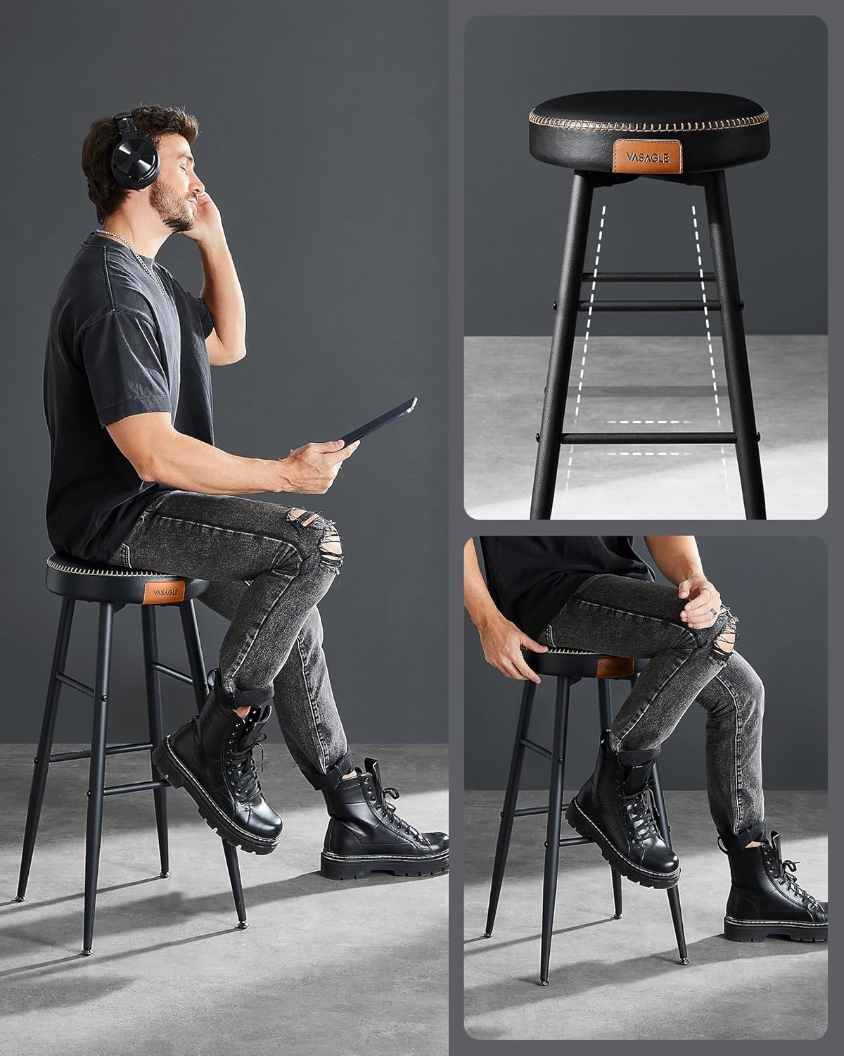 VASAGLE Set 2 scaune bar Ekho, tapitate PU, inaltime sezut 76 cm, 52x76 cm, negru
