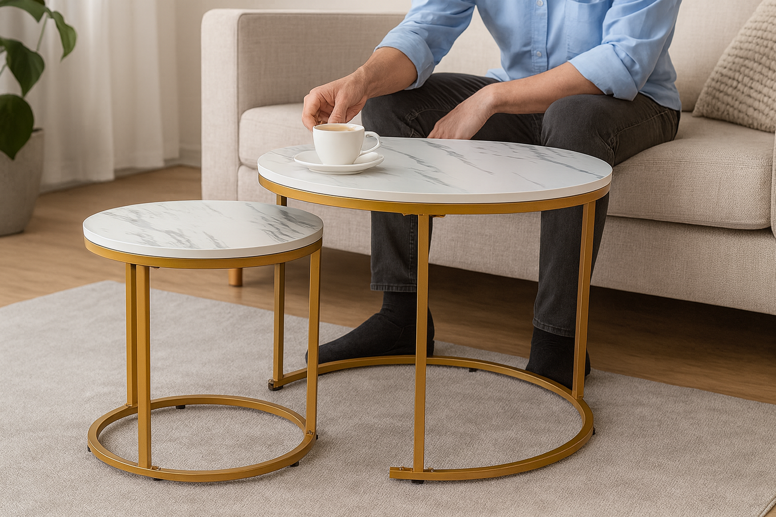 Set 2 masute cafea suprapozabile, MDF si metal, 60x50 cm si 40x40 cm, alb marmura si auriu