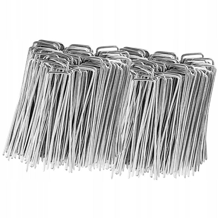 Set 100 de ancore metalice tip U pentru fixare panza anti-buruieni, 15x3 cm, argintiu