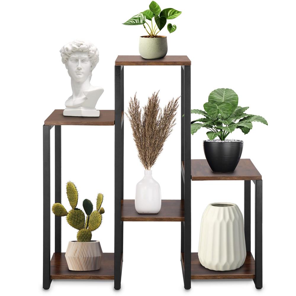 Suport pentru flori, 79x69x24 cm, negru/maro inchis – 6 rafturi, cadru metalic, design modern
