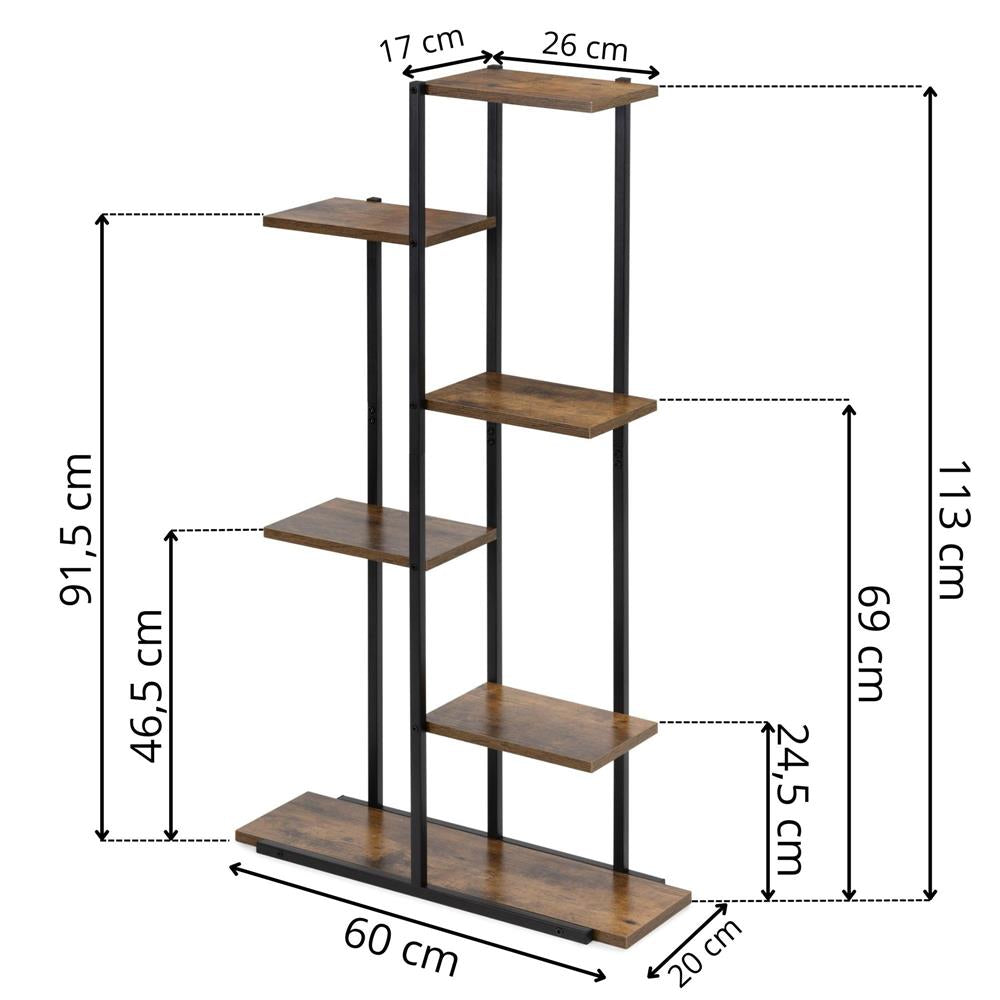 Etajera cu 6 rafturi din metal si MDF, 60x20x113 cm, negru si maro