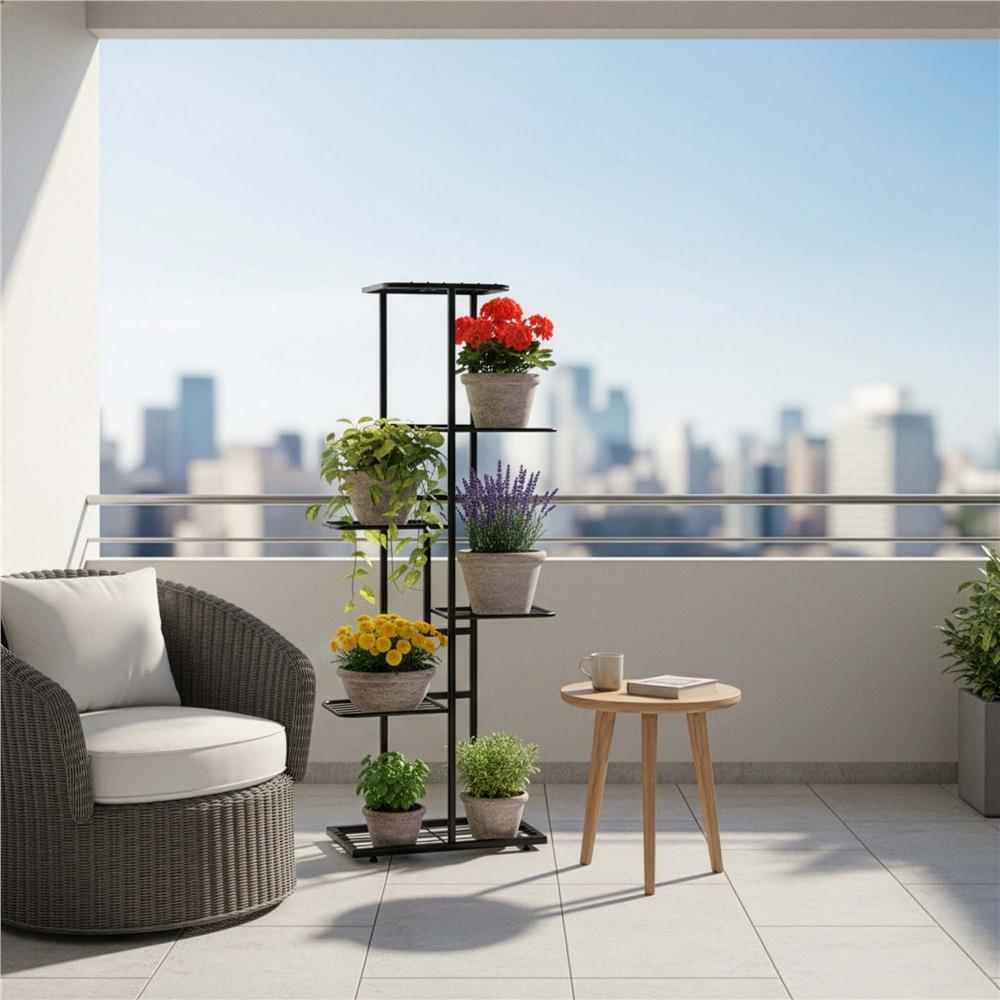 Suport pentru flori, metalic, cu 6 polite, structura verticala, 41x22x106 cm, negru