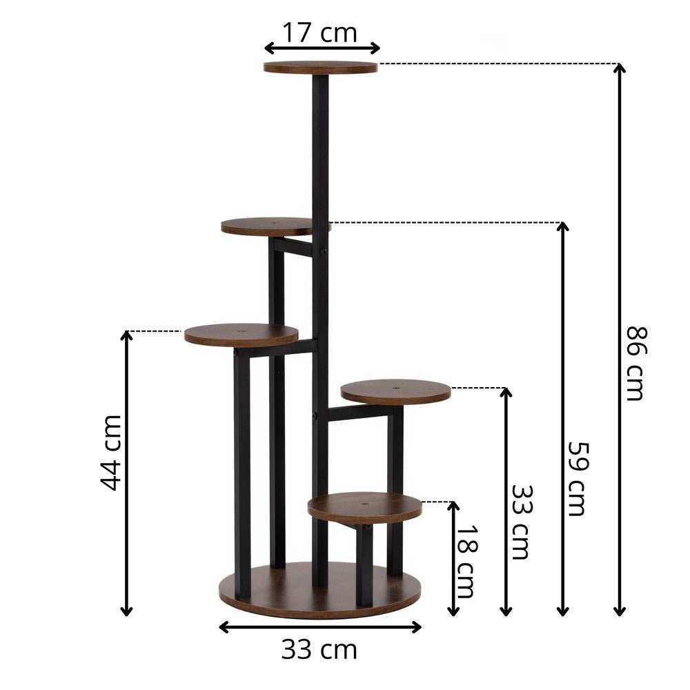 Suport pentru flori cu 5 polite din lemn, structura metal verticala, 33x33x86 cm, negru