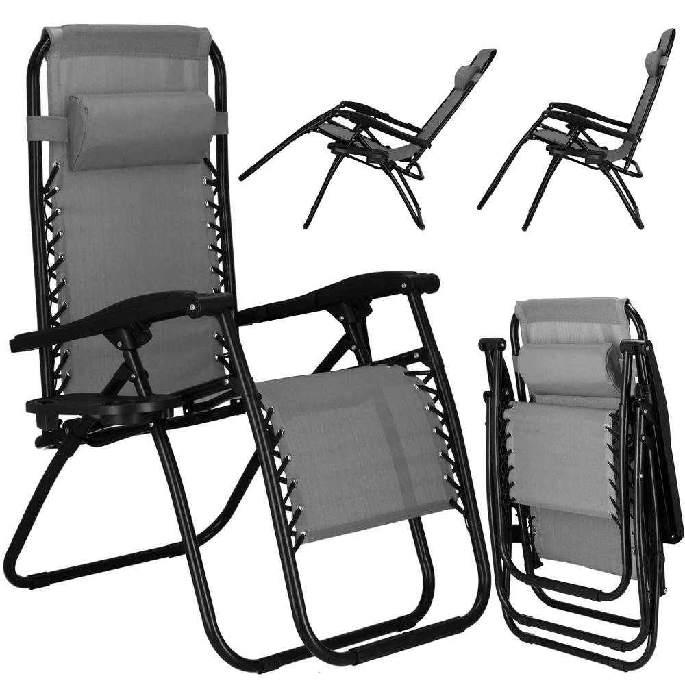 Sezlong scaun pliant plaja sau gradina, Siesta, gravitatie zero, cu tetiera, 175x67x110 cm, gri
