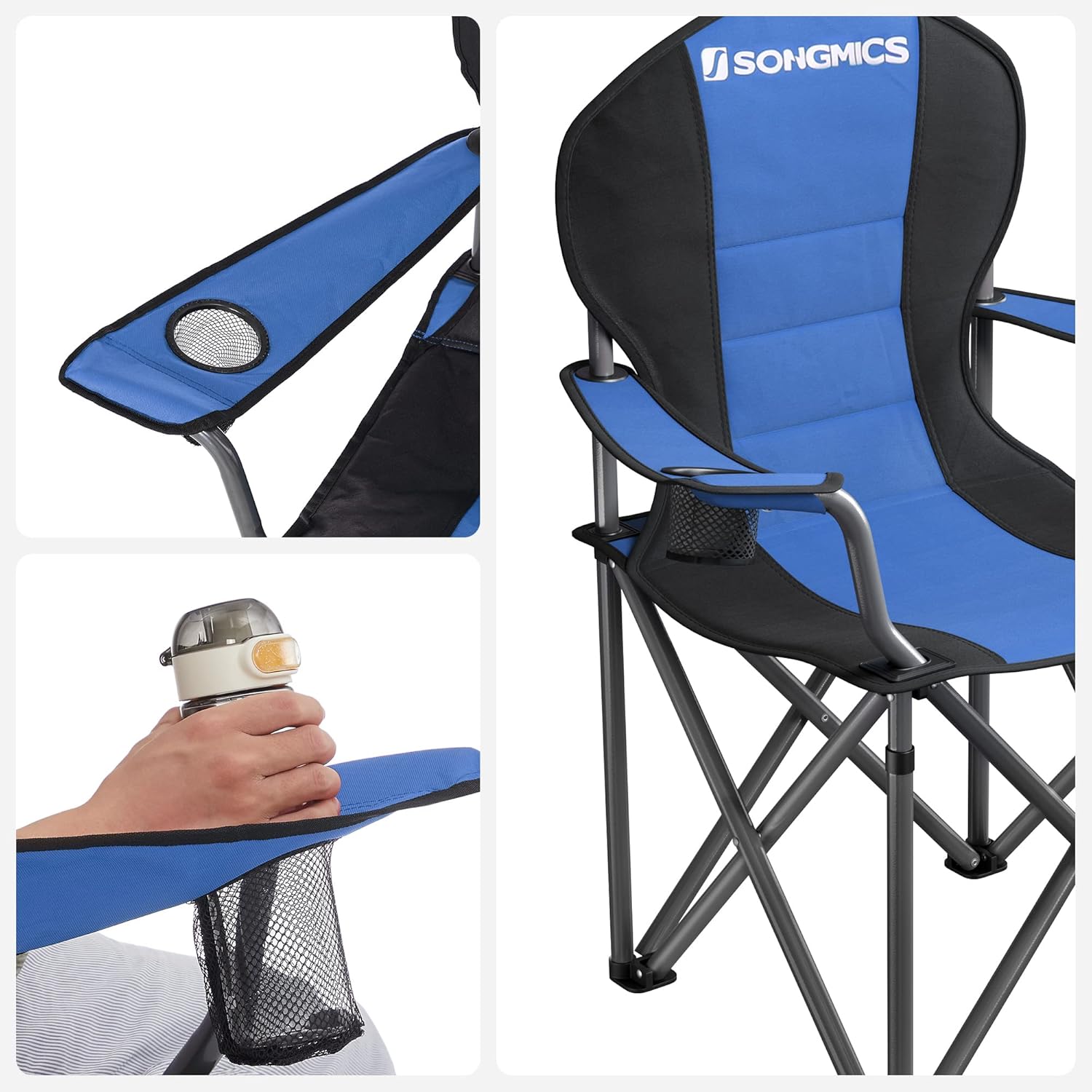 SONGMICS Scaun pliabil camping cu sezut buretat, suport bauturi, husa transport, 250 kg, 90x55x102 cm, albastru