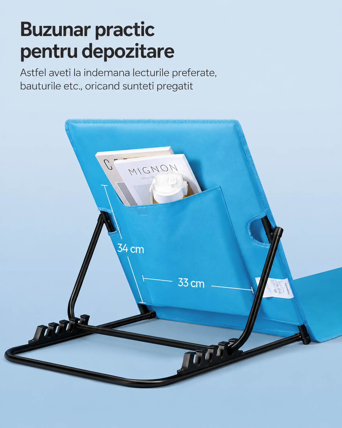 SONGMICS Sezlong plaja pliabil, spatar reglabil in 4 pozitii, tetiera, buzunar depozitare, 158x55 cm, albastru deschis