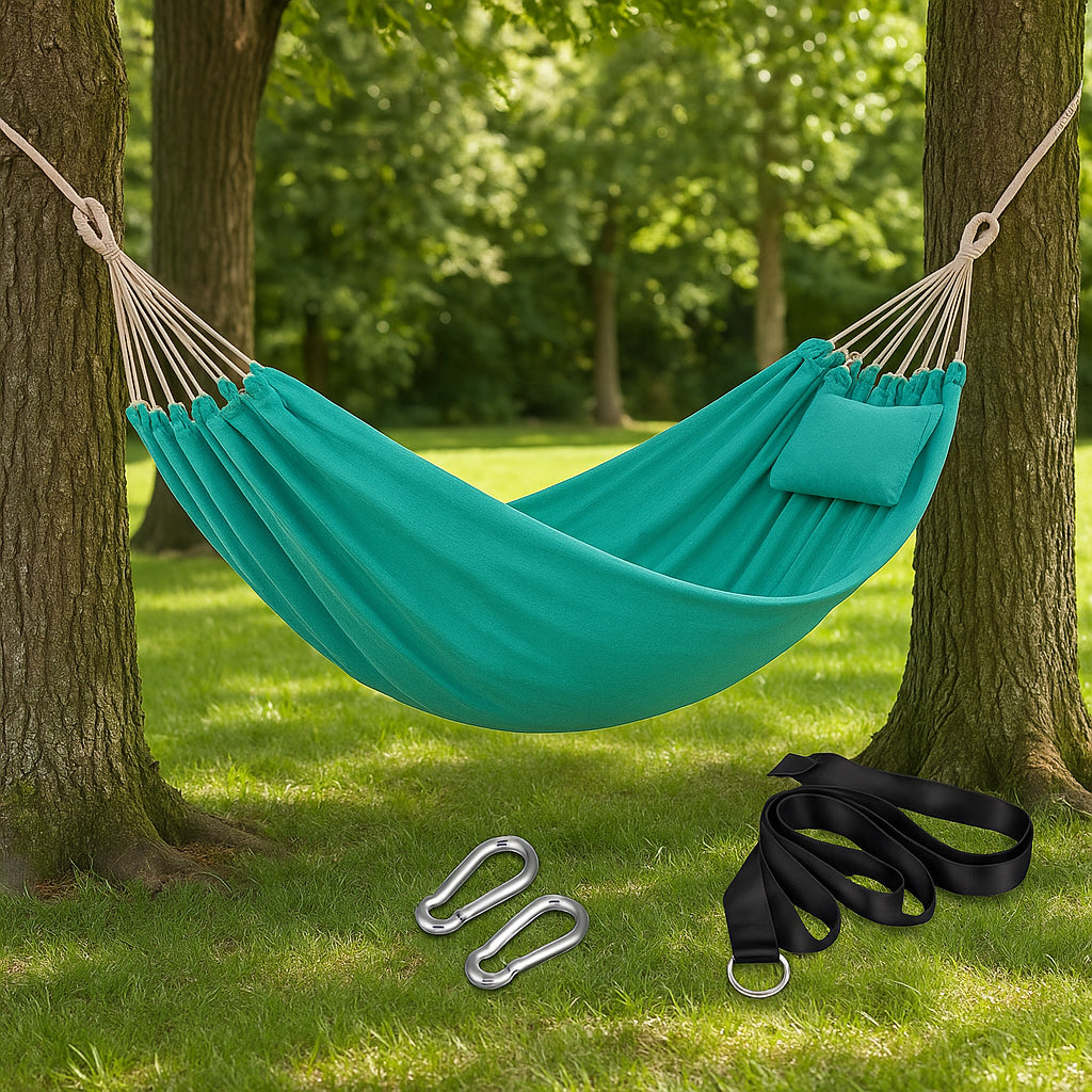 SONGMICS Hamac dublu, accesorii de prindere cu chingi si carabiniere, 210x150 cm, 300 kg, albastru - 9