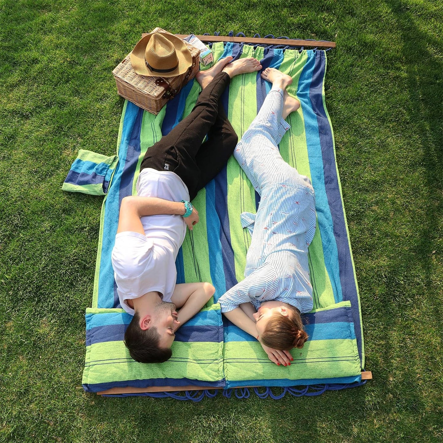 SONGMICS Hamac dublu cu bara lemn, perne incluse, maxim 300 kg, 210x150 cm, verde si albastru - 8