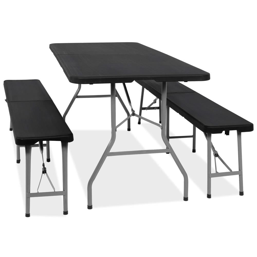 Set masa pliabila cu 2 banci, 180 cm, negru, HDPE si cadru metalic anticoroziv