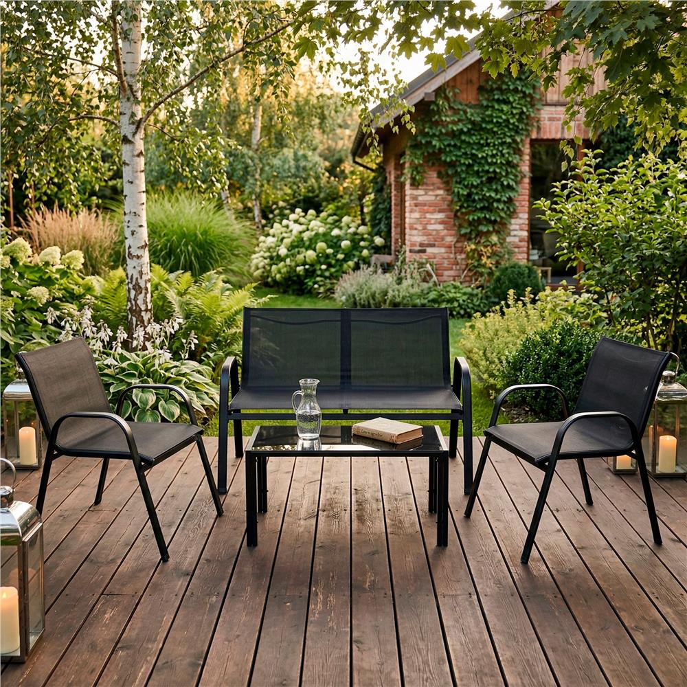 Set mobilier gradina 4 piese, masa cu sticla securizata, 2 scaune si canapea, cadru metalic, negru
