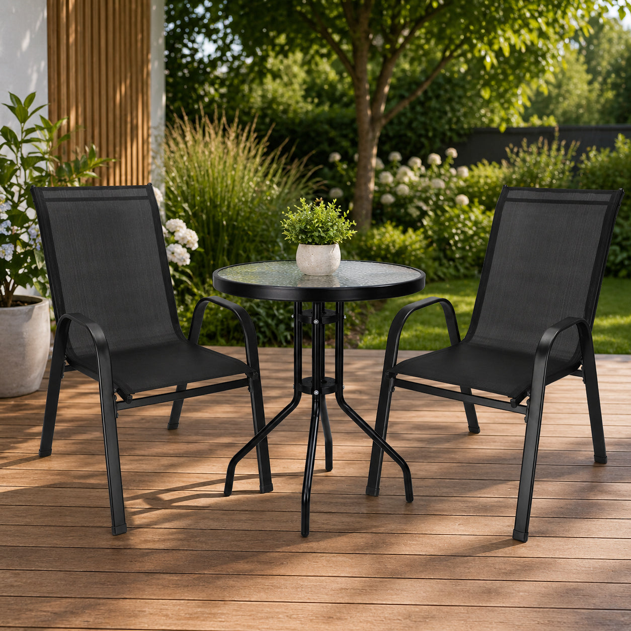 Set mobilier gradina, 2 scaune si masa rotunda, blat sticla, cadru metalic, 60x70 cm, negru