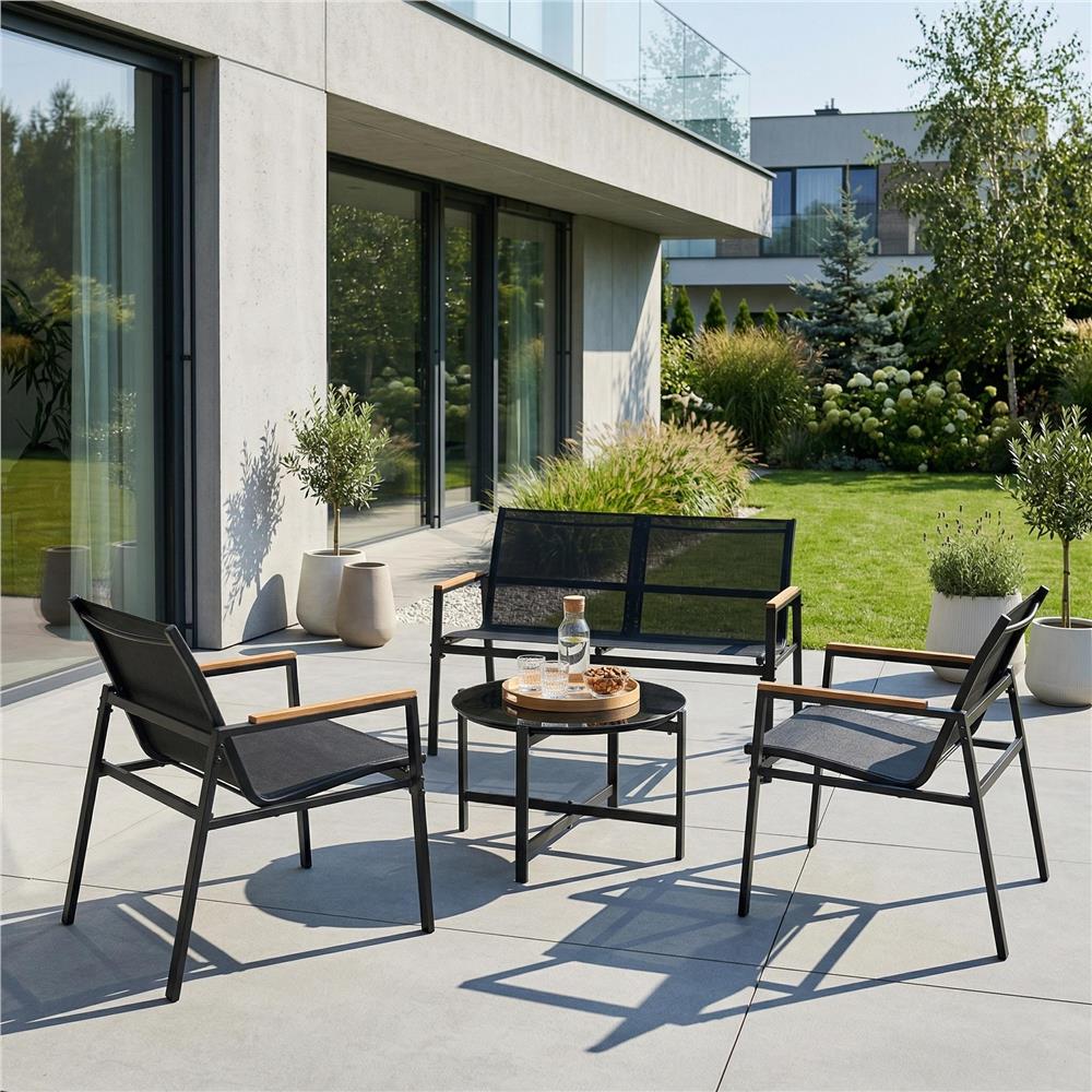 Set mobilier gradina 4 locuri, canapea 2 locuri, 2 scaune si masa rotunda sticla, cadru metalic, 119x71x82 cm, negru