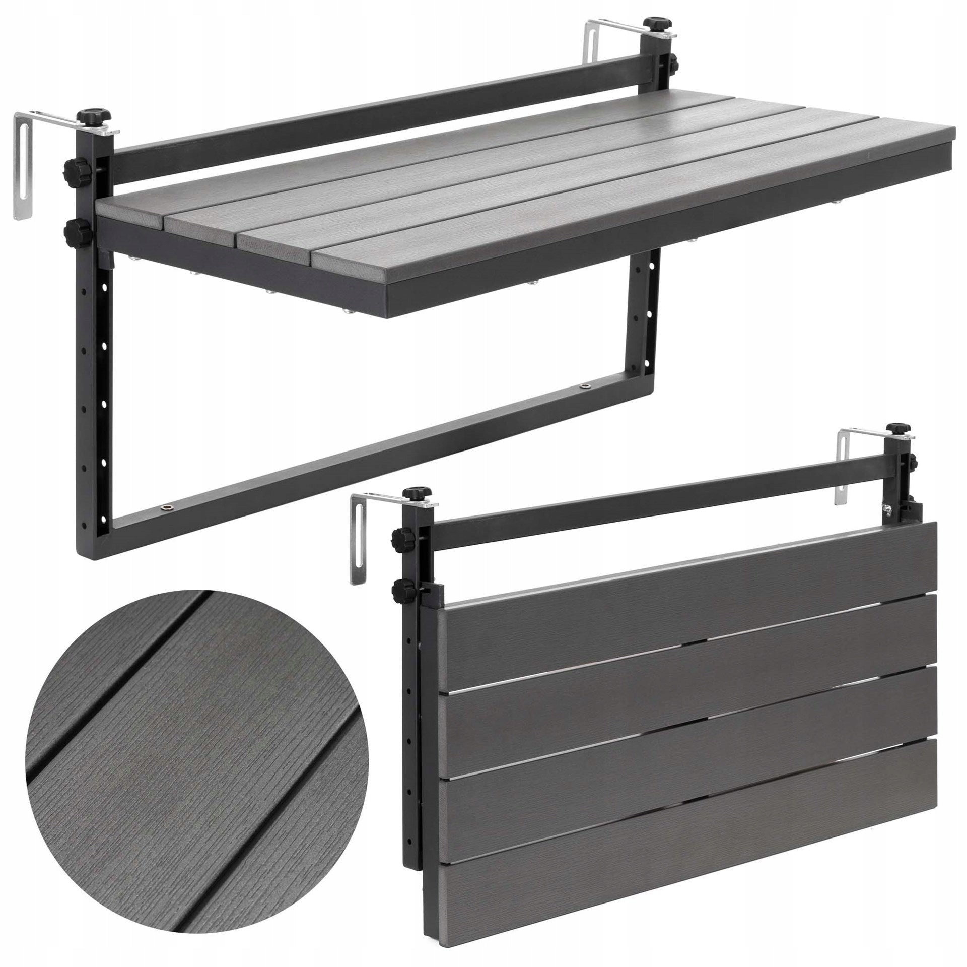 Masuta balcon suspendata cu prindere pe balustrada, 80x37 cm, pliabila, reglabila pe inaltime, negru
