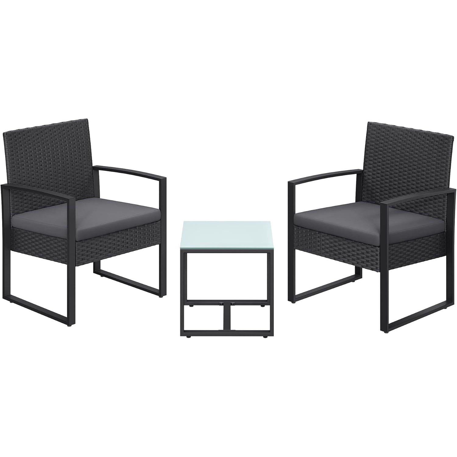 SONGMICS Set mobilier pentru gradina cu 2 scaune cu perne si masuta, cadru metalic, impletitura PE, negru si gri