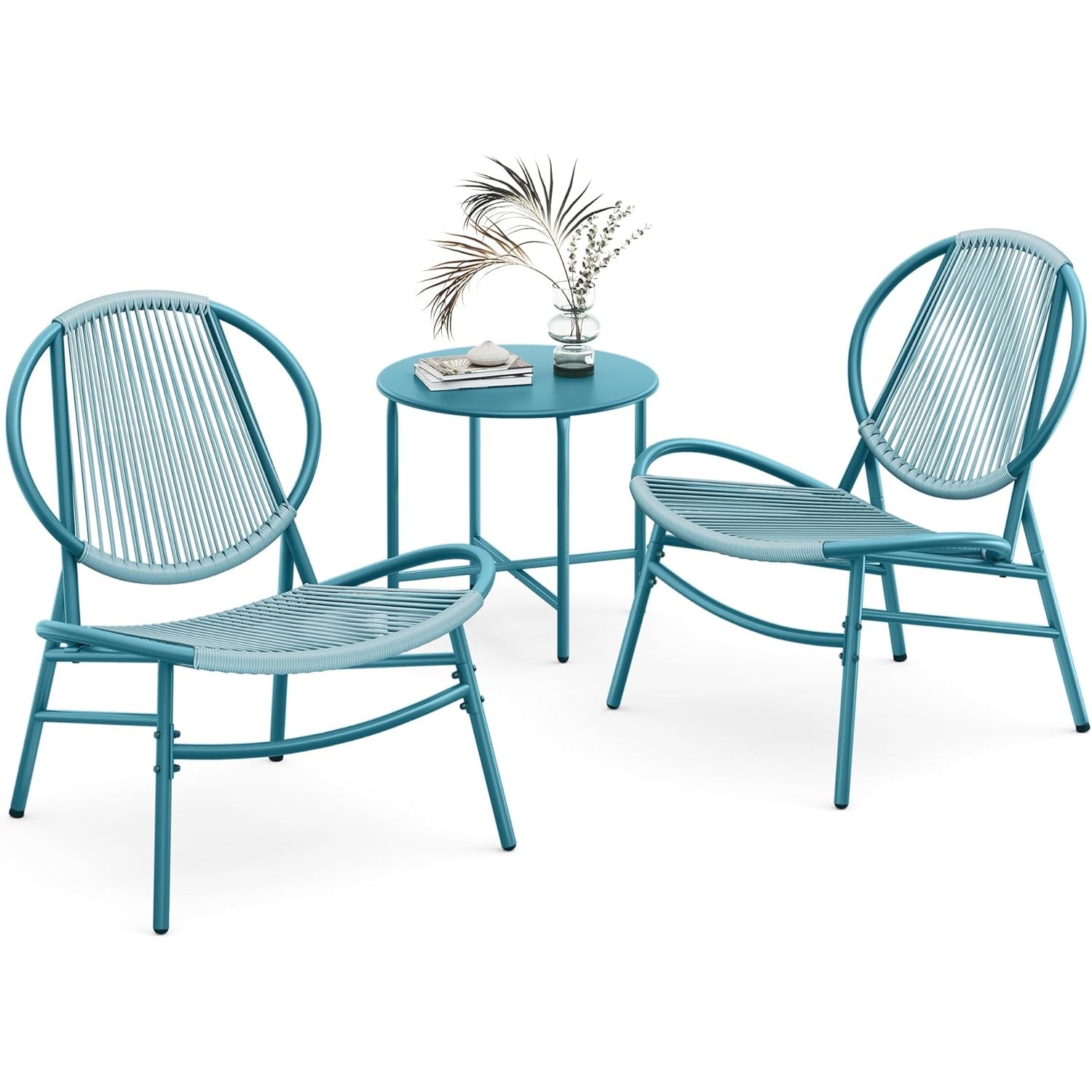 SONGMICS Set bistro gradina 3 piese, scaune Acapulco si masa diametru 50 cm, cadru metalic, albastru