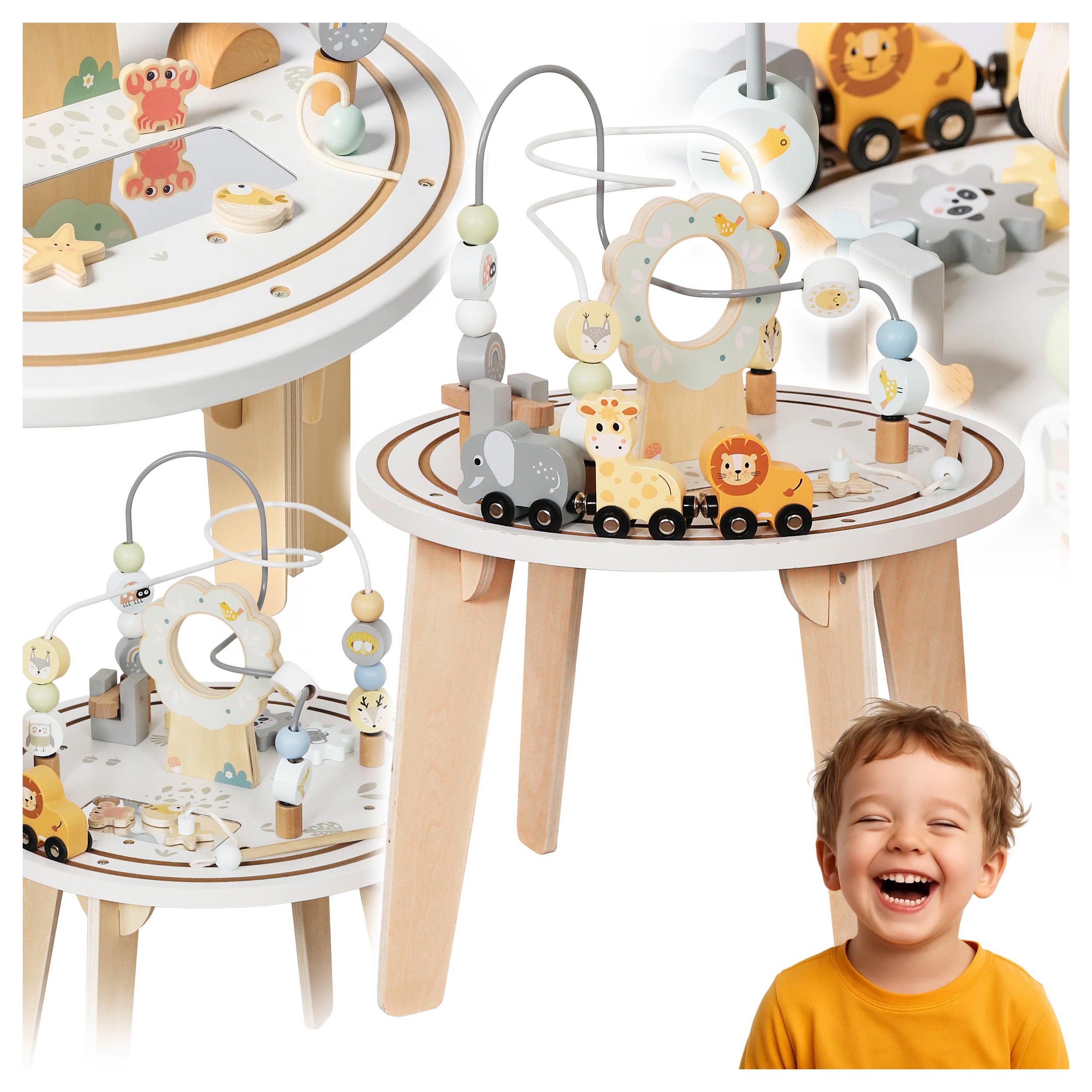 Masuta interactiva din lemn pentru copii cu labirint si jocuri motorii, 54 cm, multicolor