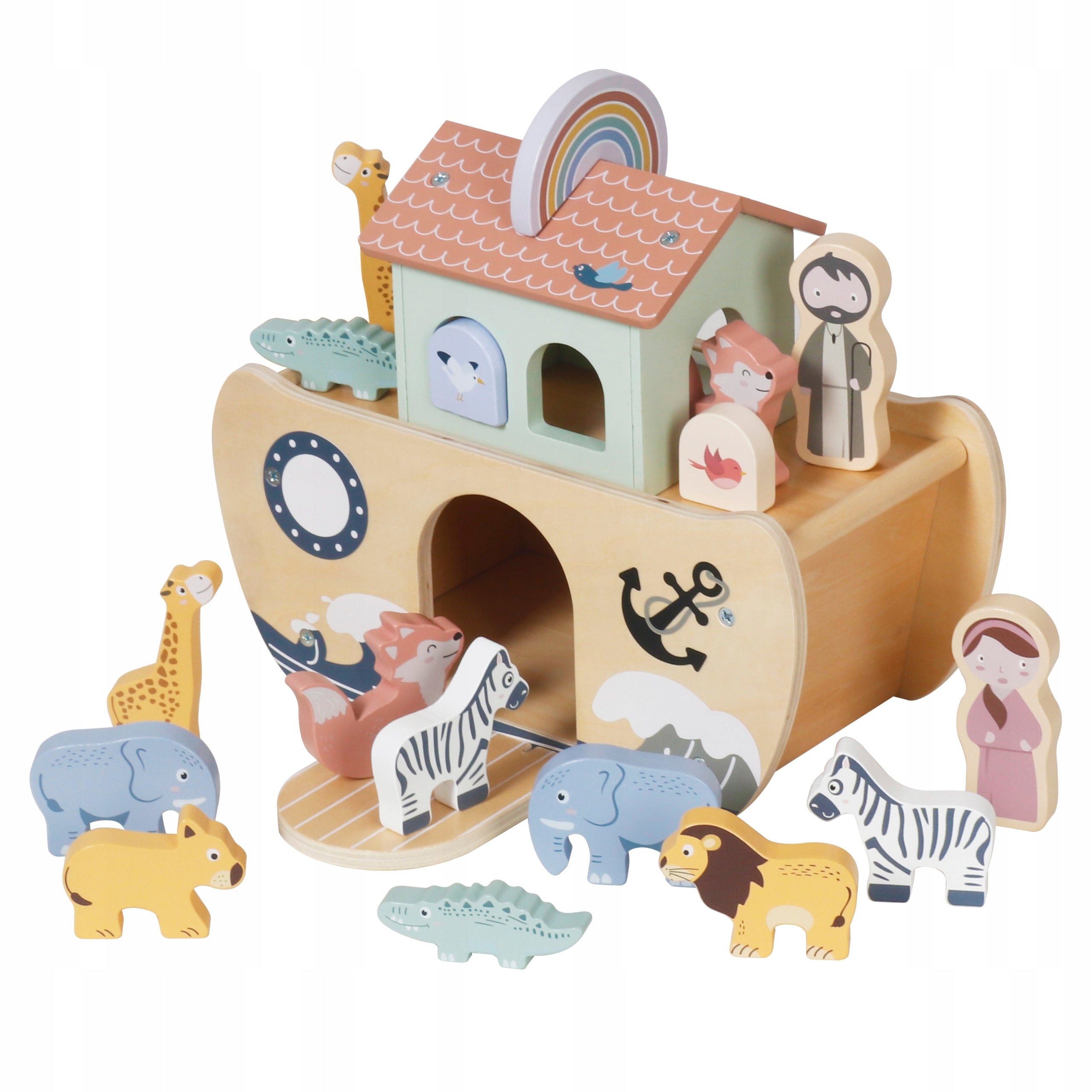 Arca lui Noe din lemn, jucarie educativa cu 17 figurine, 25x13x23 cm, multicolor