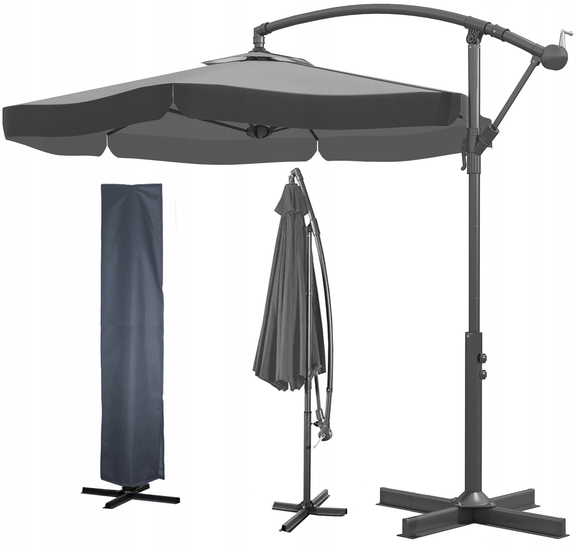 Umbrela de gradina cu brat lateral, inclinabila, panza poliester 160 g/mp, husa de protectie, 300 cm, gri