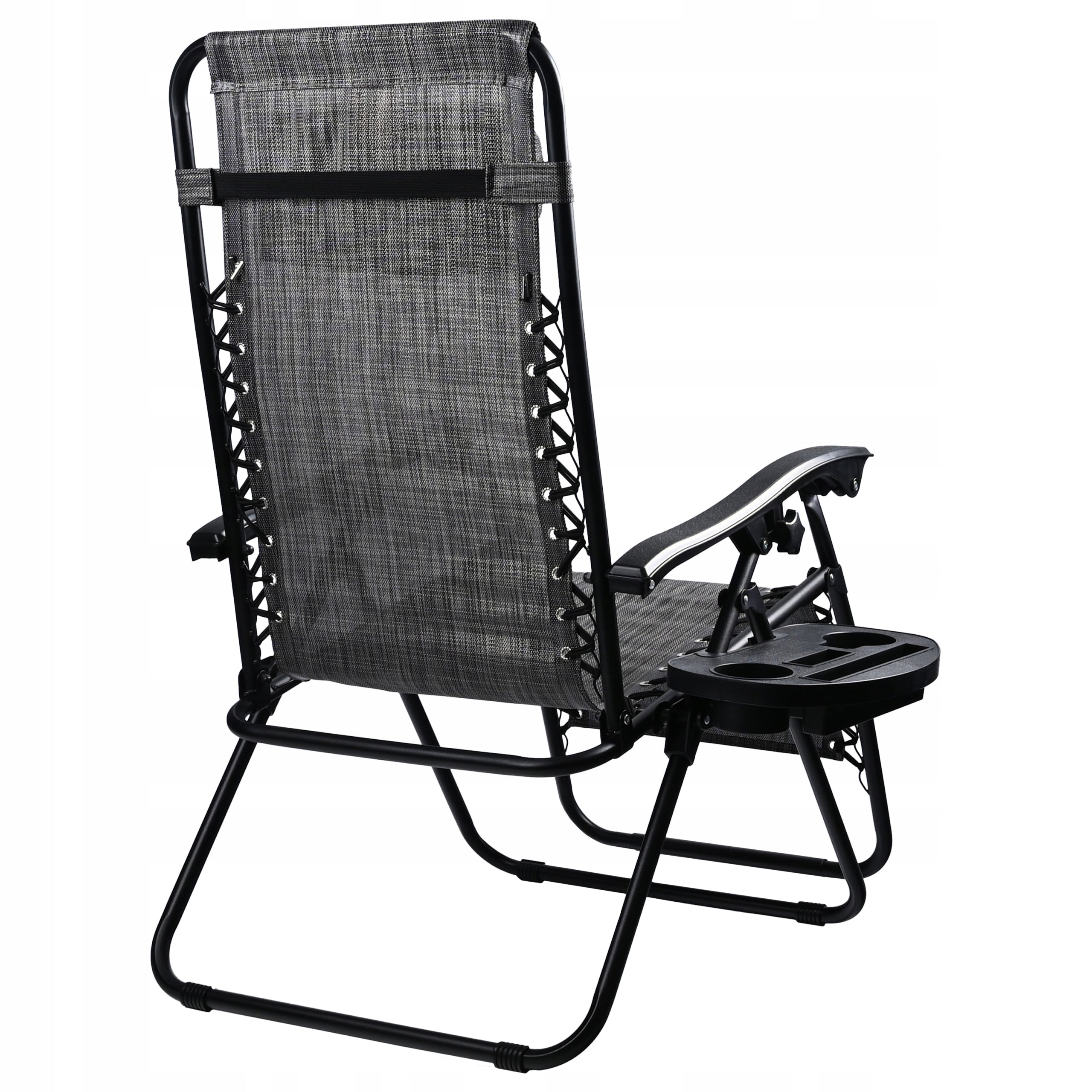 Sezlong pliabil pentru gradina cu tetiera, cadru metalic, suport pahare, maxim 120 kg, 174x65x112 cm, gri