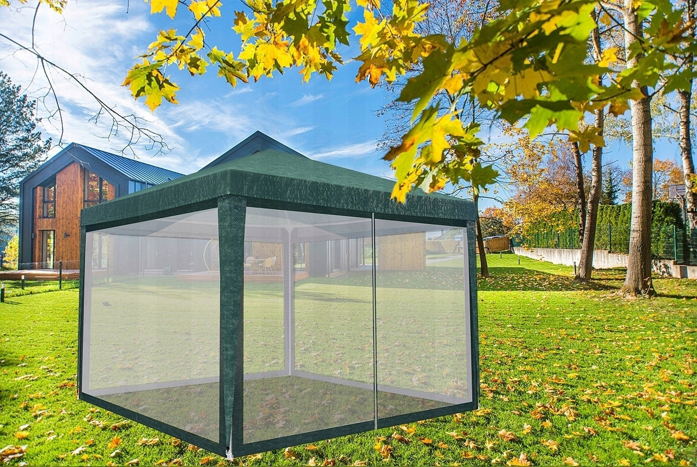 Set 4 pereti pentru pavilion gradina cu plasa tantari si acoperis, material PE 100 g/m2, 300x200 cm, verde