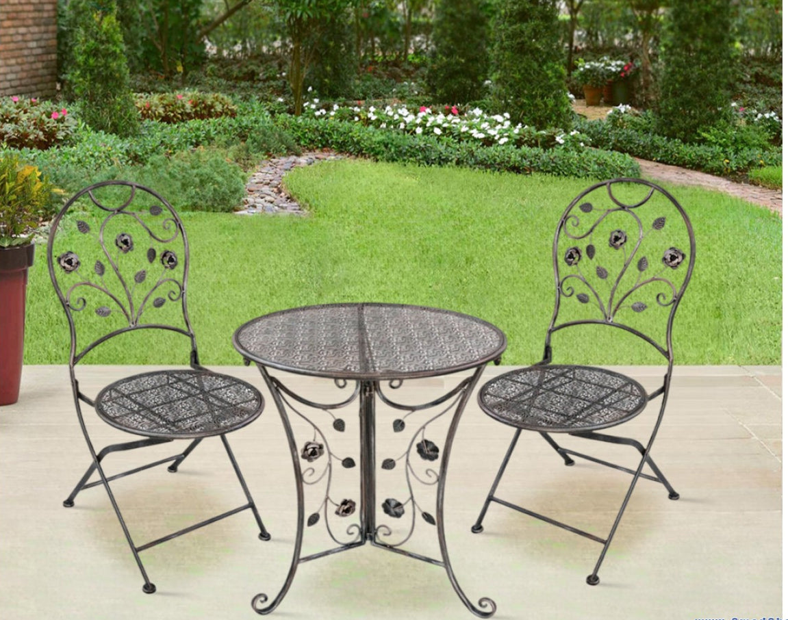 Set mobilier gradina metalic Madison, masa 60x60x70 cm si 2 scaune 40x40x94 cm, stil vintage, bronz