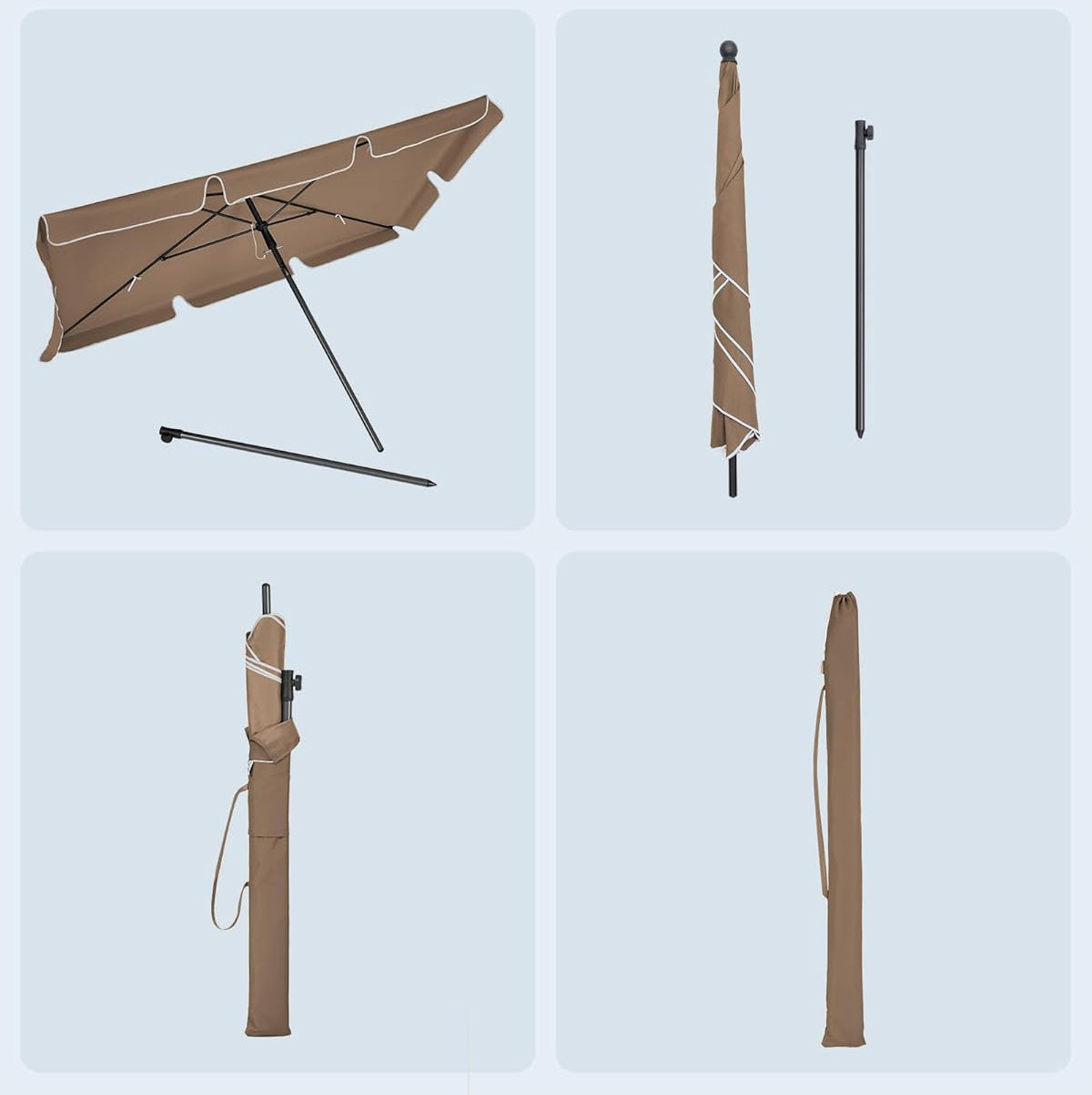 SONGMICS Umbrela terasa gradina sau plaja, cu inclinare 2 directii, protectie UV UPF 50+, husa inclusa, 200x125cm, maro taupe